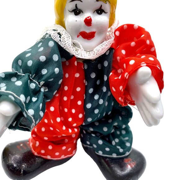 Vintage Clown Figurines Porcelain Head Hands Shoes Set Of 2 Bendable Polka Dot - Picture 4 of 10
